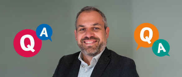 Chief executive, Ed Holloway's smiling headshot with decorative Q&A bubbles