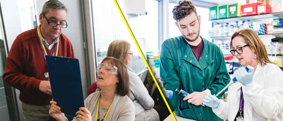 A lady having an eye test and a two researchers in a laboratory
