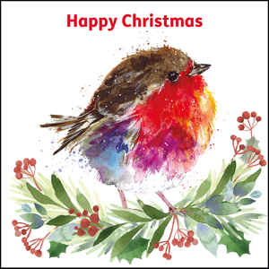 Christmas card design of a little robin standing on leafy bough with bright red berries