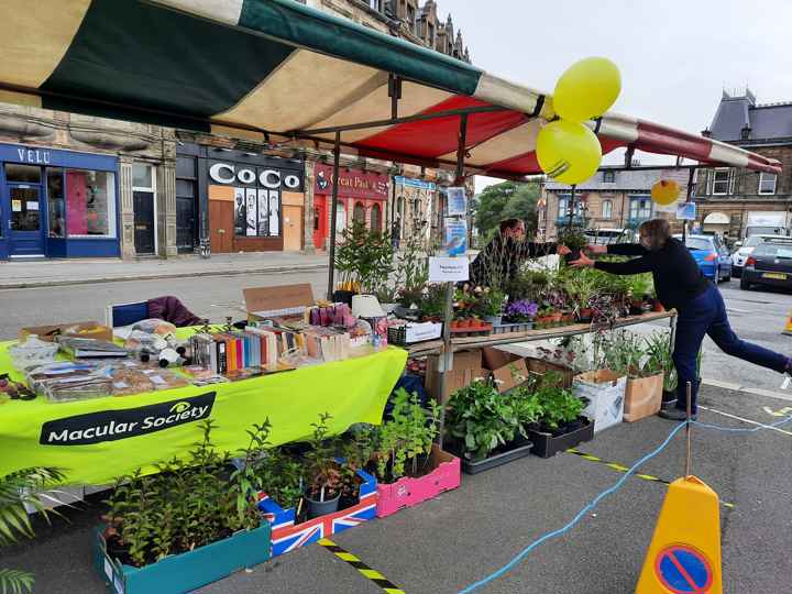 Fundraising market stall with plants in street
