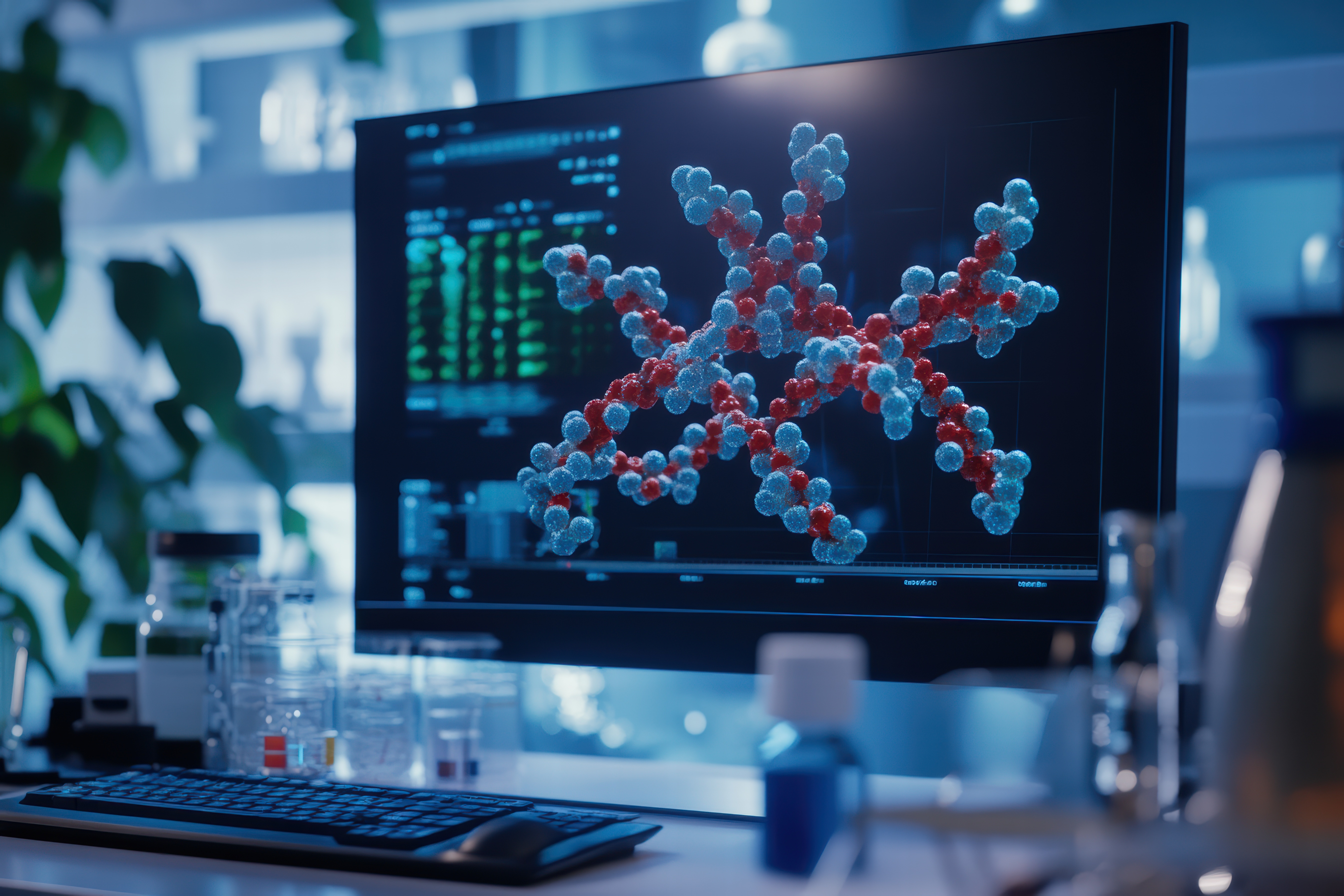 Close up image of protein molecules on a computer monitor