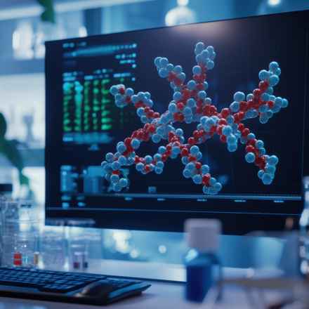 Close up image of protein molecules on a computer monitor