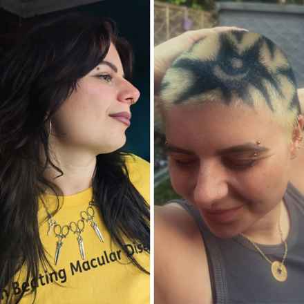 Before and after: Left, Raia with long dark hair and right, Raia shows off her shaved head now with a star-shape pattern