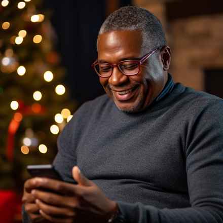 A man wearing a grey jumper uses his phone at Christmas time