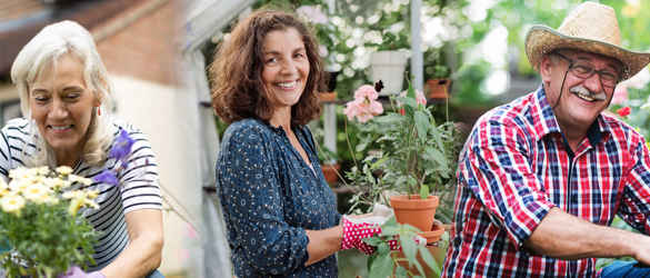 2 women and 1 man attending to their plants in the garden