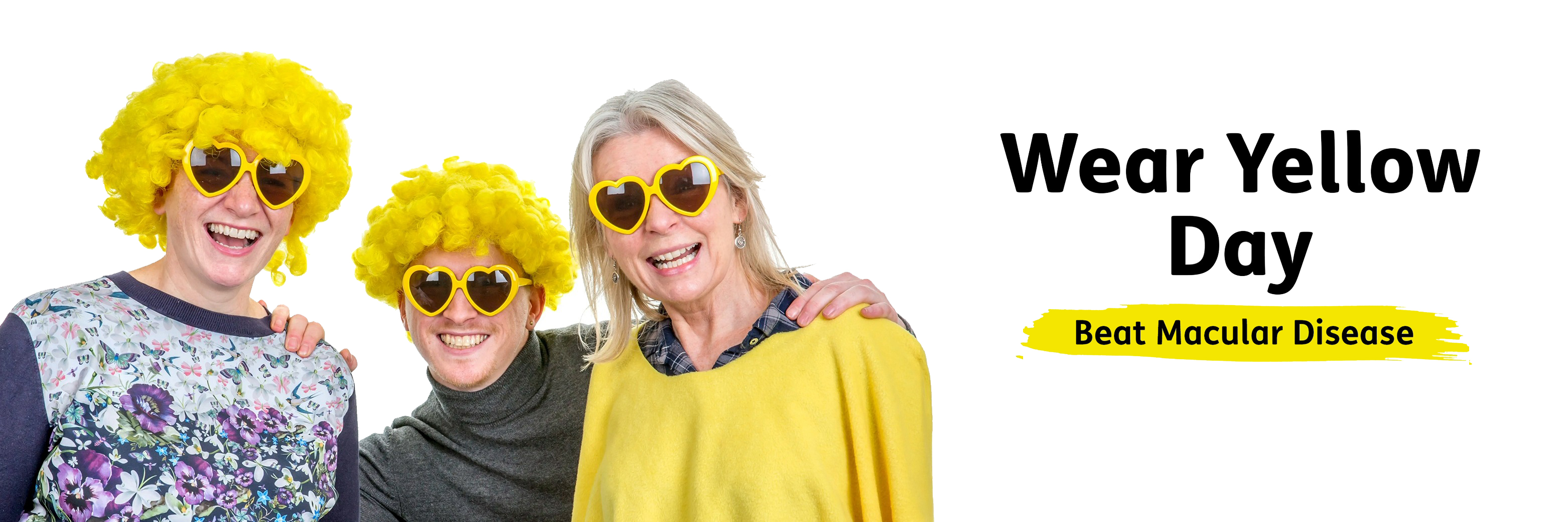 Three people dressed in Yellow for Wear Yellow Day to Beat Macular Disease
