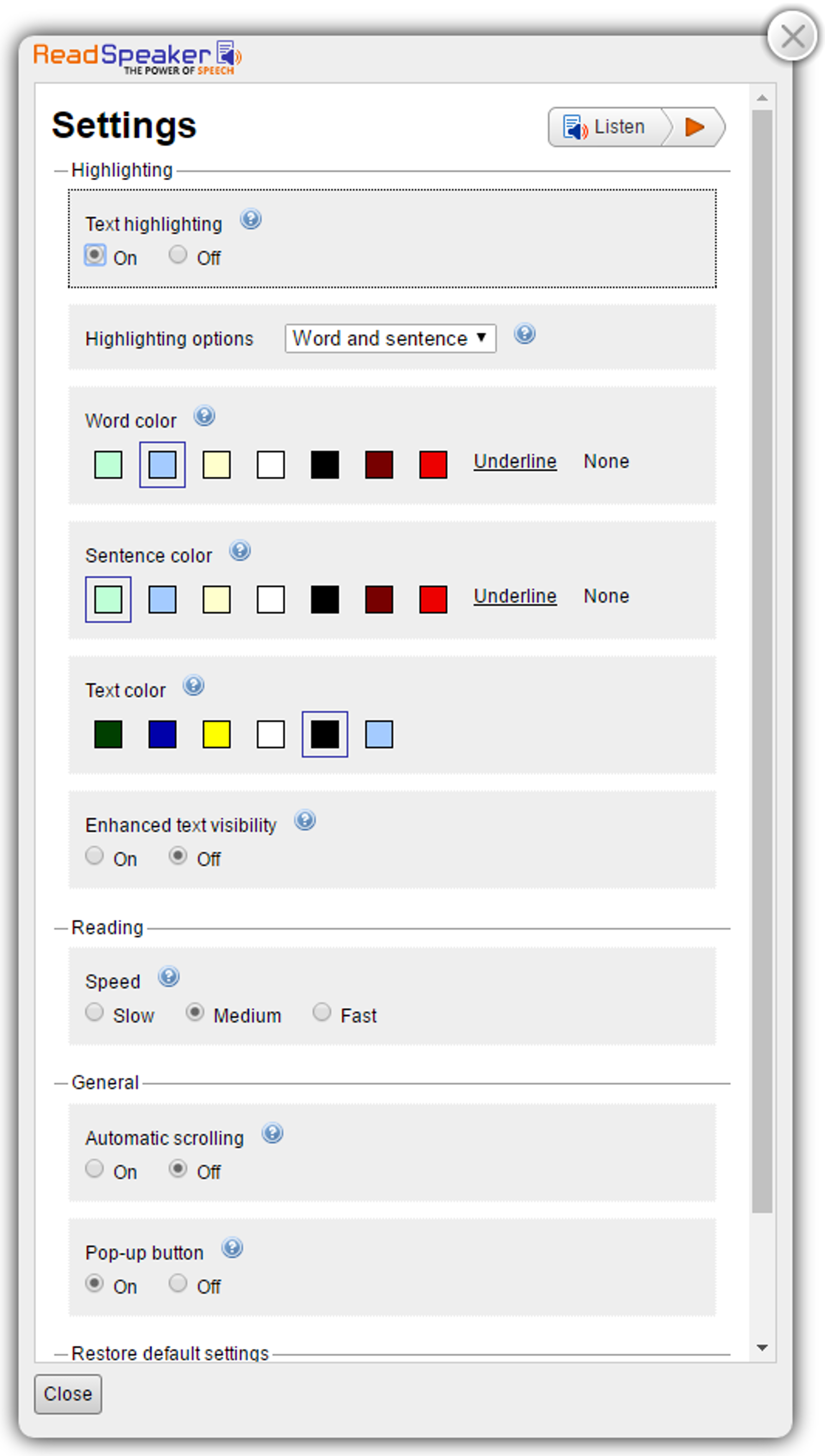 Read Speaker Settings
