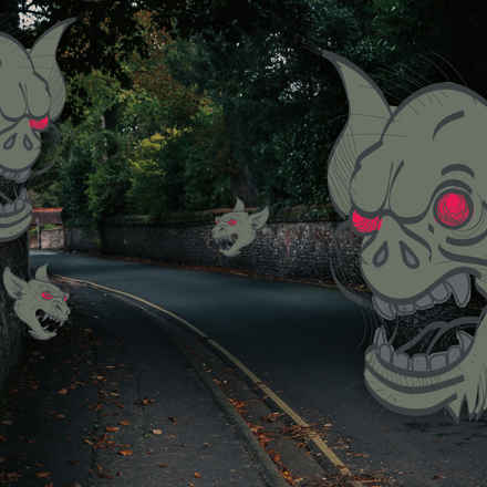 Charles Bonnet Gargoyles appearing on a dark road