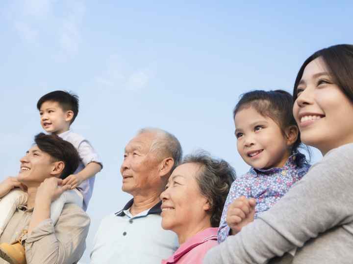 Family multigeneration looking at sky