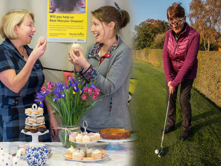 Collage of fundraising activities: golf, eating cake and looking at map