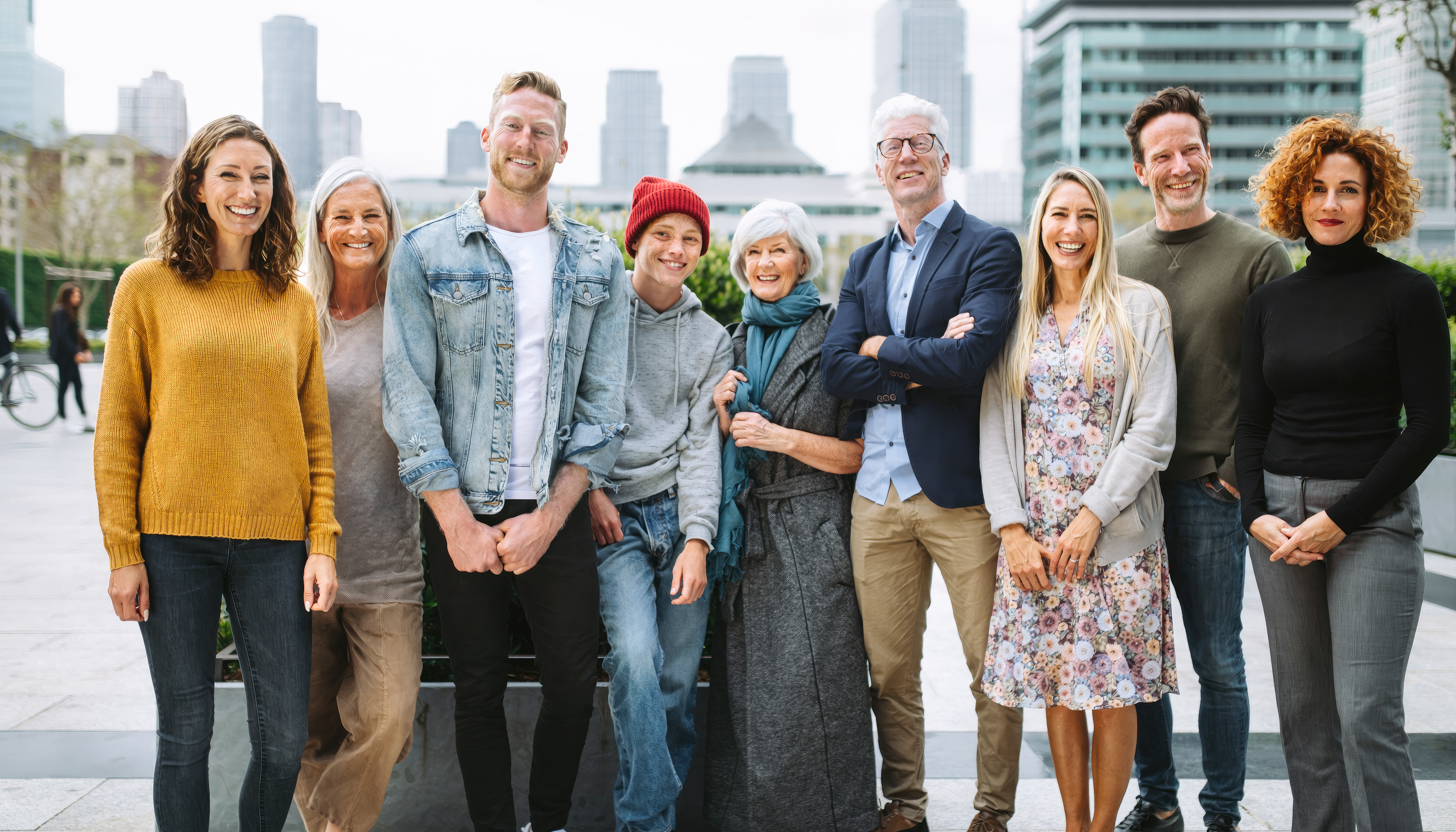 Large group of diverse people standing together outdoors