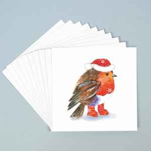 A stack of 10 greeting cards with a festive illustration of a robin wearing a Santa hat and red boots