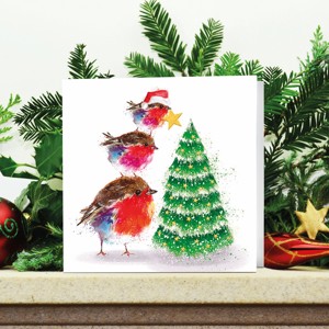 Fluffy Robin Family Tree on decorated mantle
