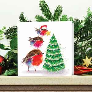 Fluffy Robin family tree card on decorated mantle