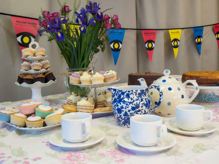 Tea set, bunting, flowers and lots of cakes