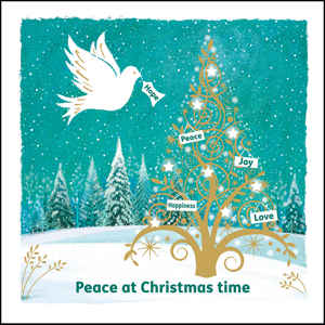 Christmas card design of a white dove flying towards a Christmas tree carrying the word 'hope' in its beak. The words 'peace', 'joy', 'happiness' and 'love' are already on the tree.