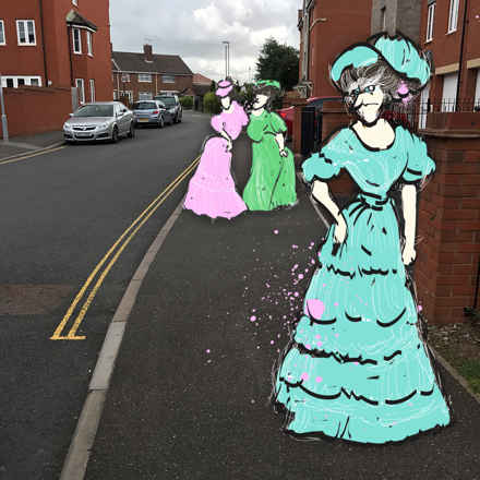 An illustrative design showing victorian-era women in the middle of a modern street to suggest an hallucination somebody with Charles Bonnet syndrome might experience